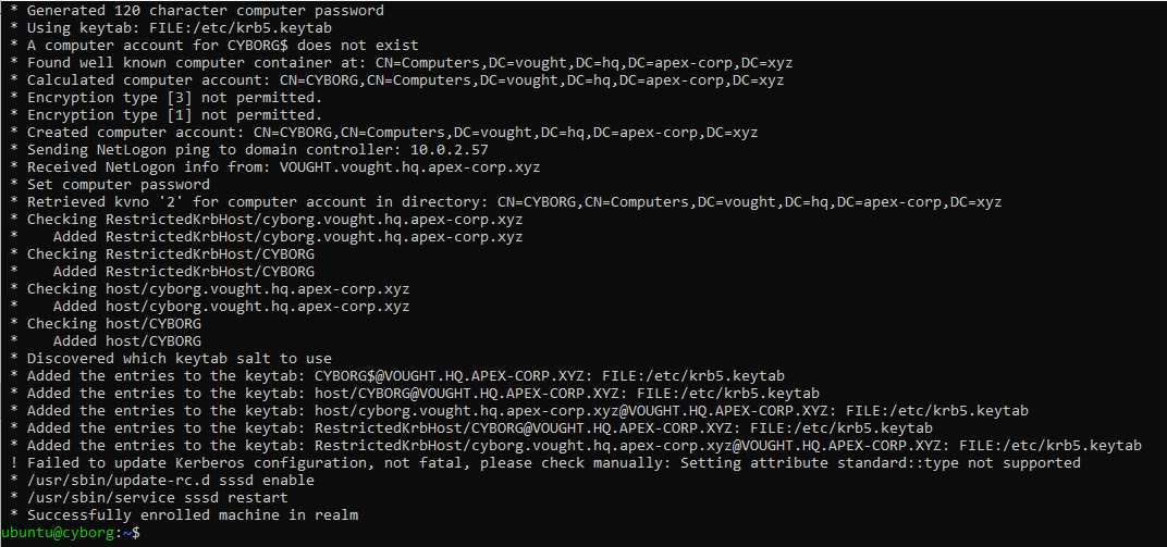 realm join output showing all steps completing successfully including adding keytab entries, setting up SSSD, and Successfully enrolled machine in realm